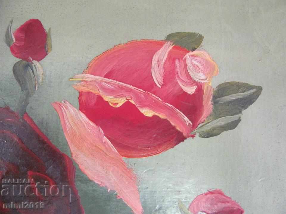 Imagine originală veche Buchet de trandafiri ulei pe carton - 6