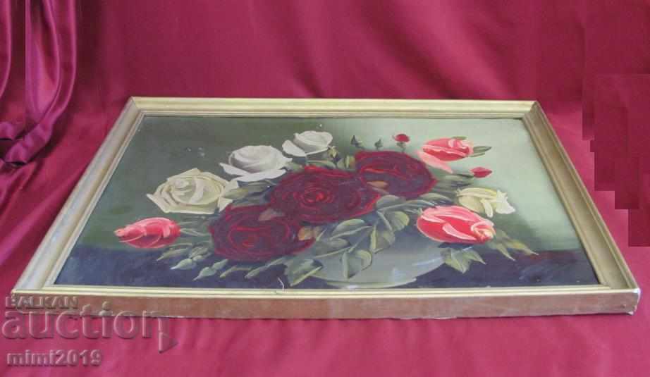 Imagine originală veche Buchet de trandafiri ulei pe carton - 7