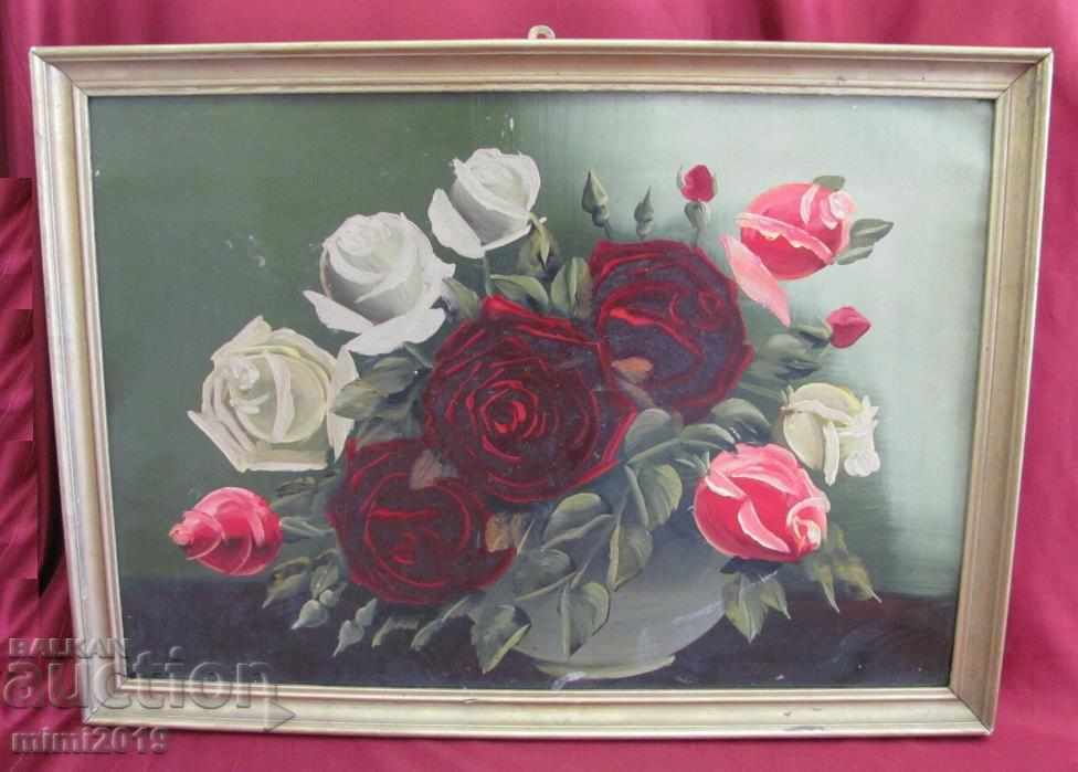 Old Original Picture Bouquet Roses oil on cardboard