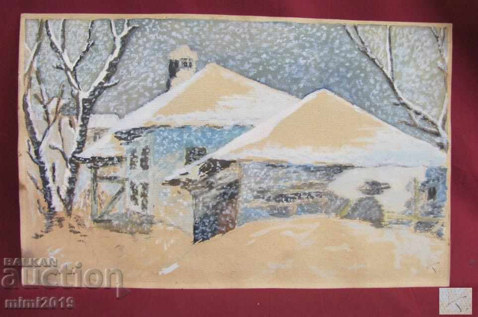 Old Original Watercolor - Winter Landscape Signed