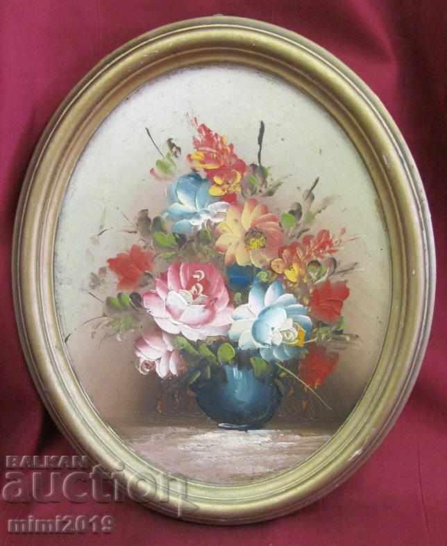 Παλιά Εικόνα Βάζο με Λουλούδια Λάδι σε χαρτόνι