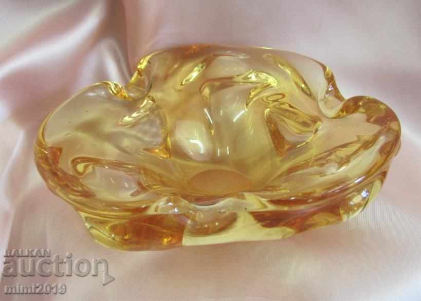30s Hand Grinded Crystal Amber Glass Ashtray Bohemia