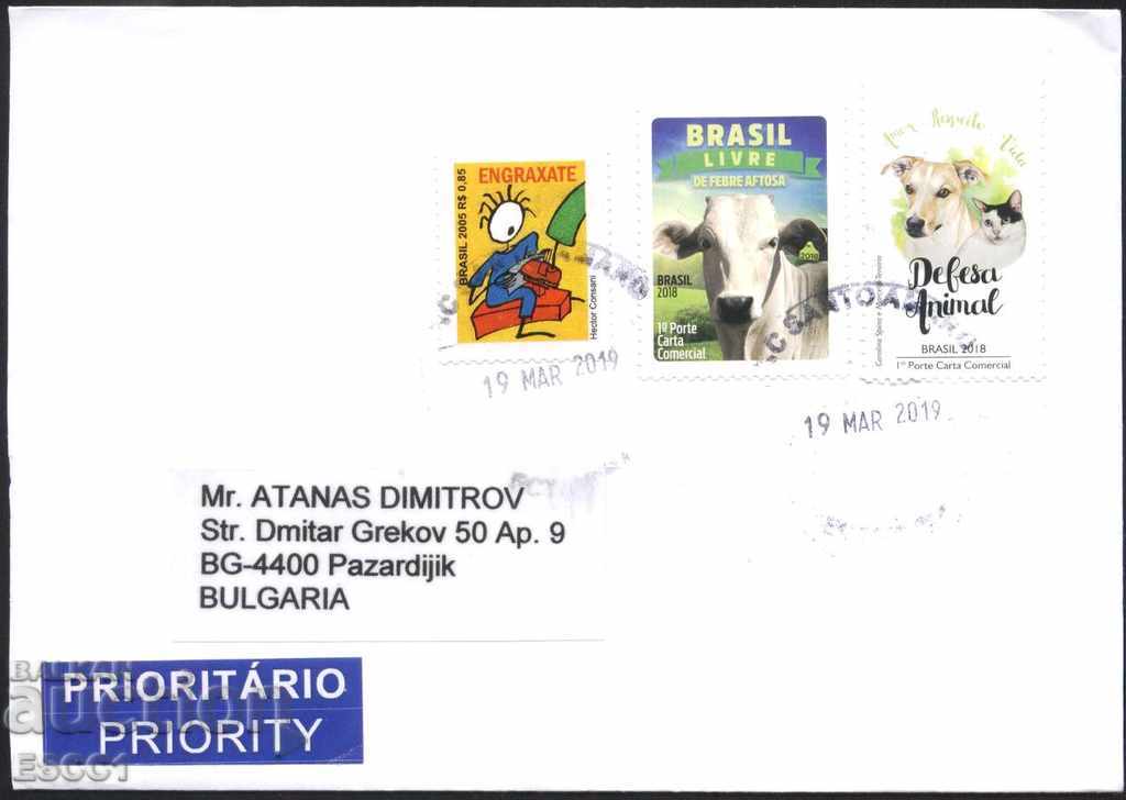 Пътувал плик с марки Крава Куче Котка 2018 от Бразилия