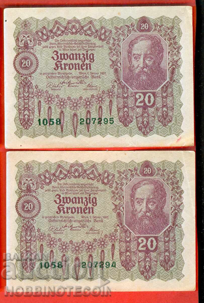 UNGARIA AUSTRIA AUSTRO - UNGARIA - 2 x 20 CONSECUTIV 1922 aUNC