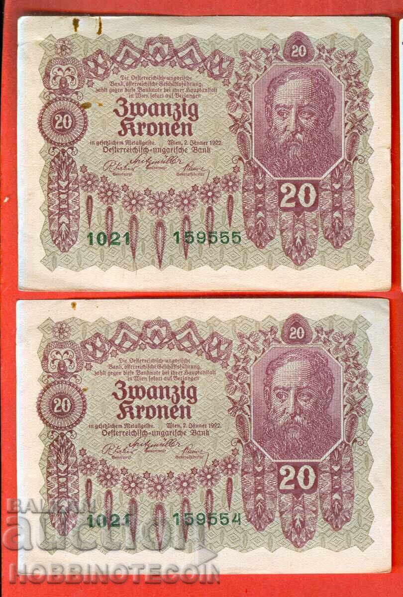 HUNGARY AUSTRIA AUSTRO - HUNGARY - 2x 20 CONSECUTIVE 1922 aUNC 2