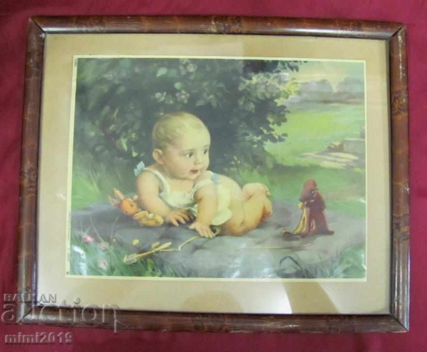 Old Chromolithograph in original wooden frame with glass