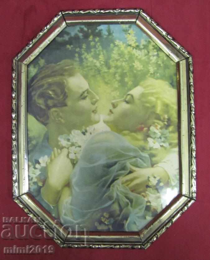 Παλιά Εικόνα Λιθογραφία Πρώτο φιλί