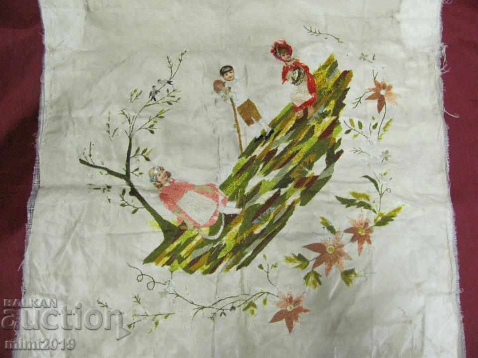 Аукцион 19 век Оригинален ръчно шит Гоблен върху памучен сатен Аукцион 19 век Оригинален ръчно шит Гоблен върху памучен сатен