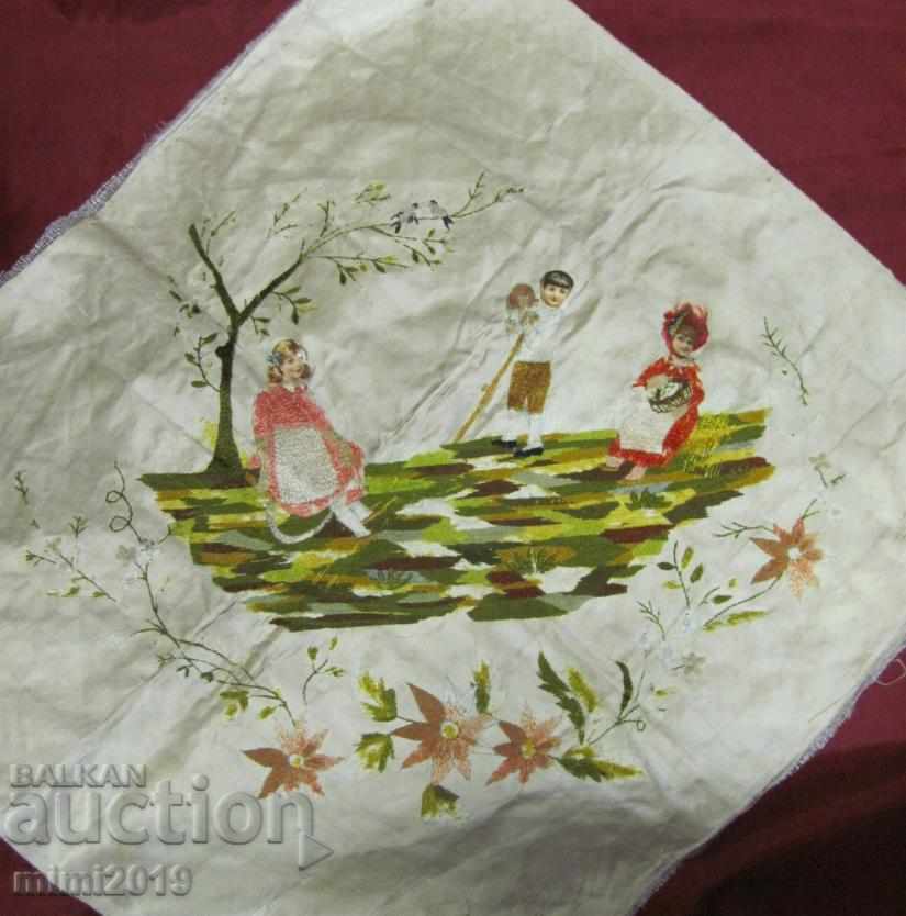 19th century Original hand stitched Tapestry on cotton satin