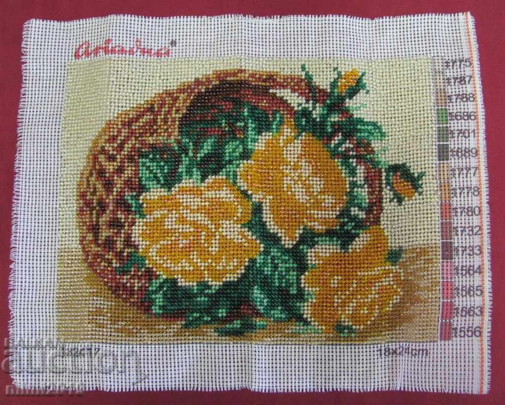 Auction  Hand Shit Tapestry with Beads - Basket with Flowers