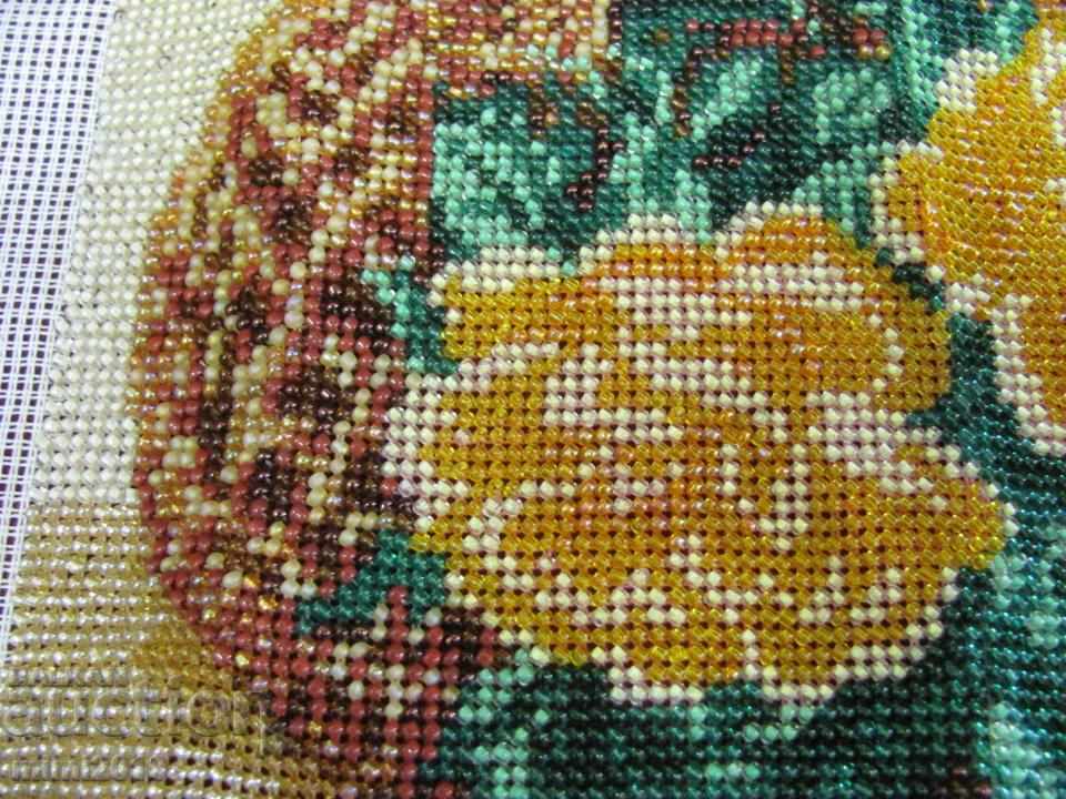 Hand Shit Tapestry with Beads - Basket with Flowers - 5