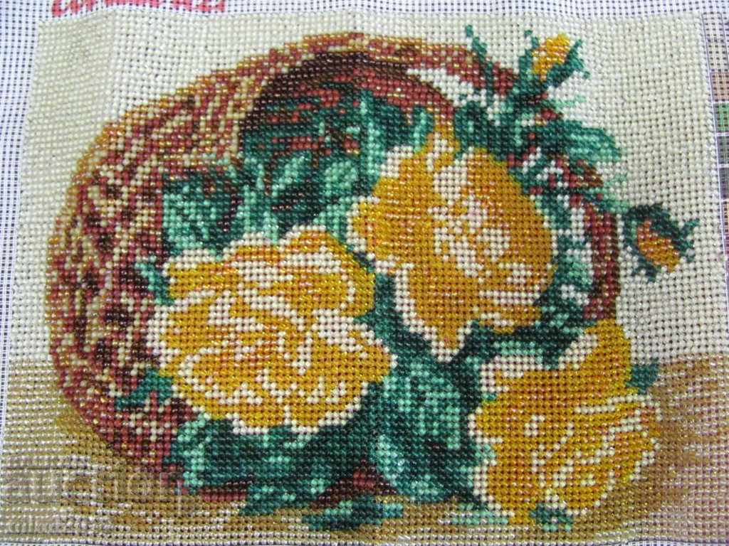 Hand Shit Tapestry with Beads - Basket with Flowers