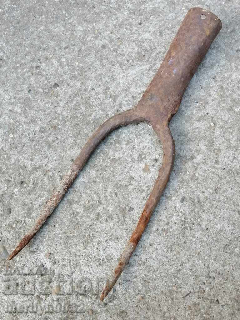 Auction Old Wrought Two Prong, Pitchfork, Wrought Iron Auction Old Wrought Two Prong, Pitchfork, Wrought Iron