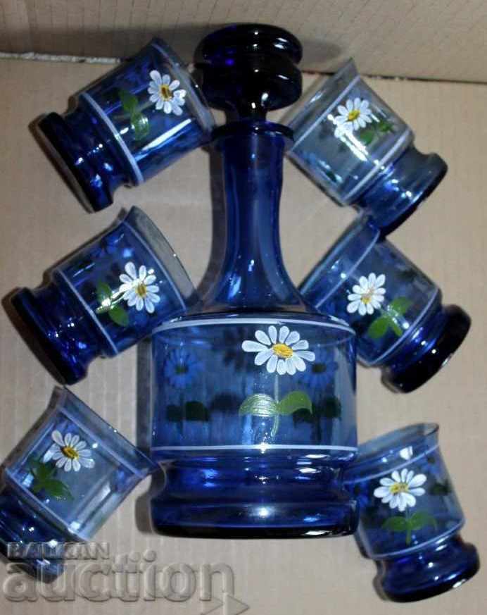 Pahare de serviciu vopsite din secolul al XIX-lea Sticlă de sticlă albastră