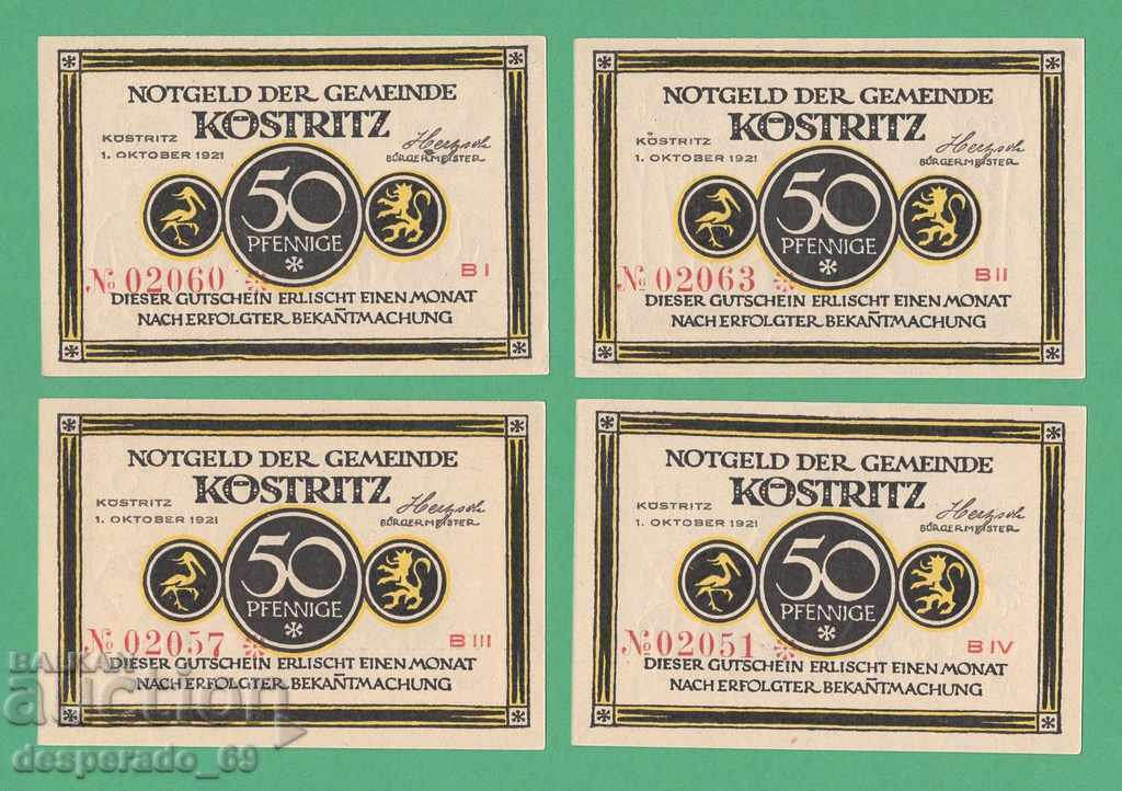 (¯`'•.¸NOTGELD (πόλη Köstritz) 1921 UNC -4 τεμ. τραπεζογραμμάτια.•'´¯) με τιμή 5.60 €