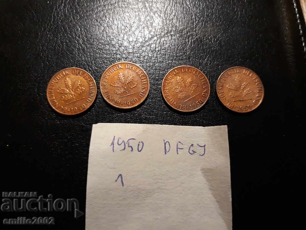 1 pfening lot 4pcs 1950 DFGJ BDR - GFR - Germany with price 1.99 BGN | € 1.02 1 pfening lot 4pcs 1950 DFGJ BDR - GFR - Germany with price 1.99 BGN | € 1.02