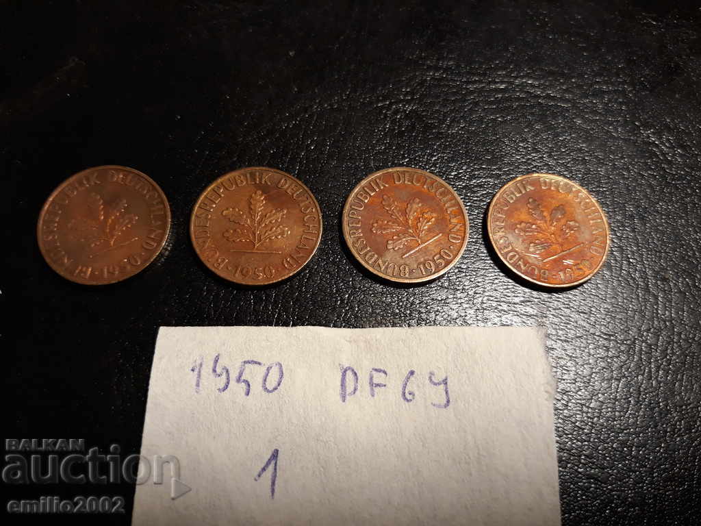 1 pfening lot 4pcs 1950 DFGJ BDR - GFR - Germany with price 1.99 BGN | € 1.02 1 pfening lot 4pcs 1950 DFGJ BDR - GFR - Germany with price 1.99 BGN | € 1.02
