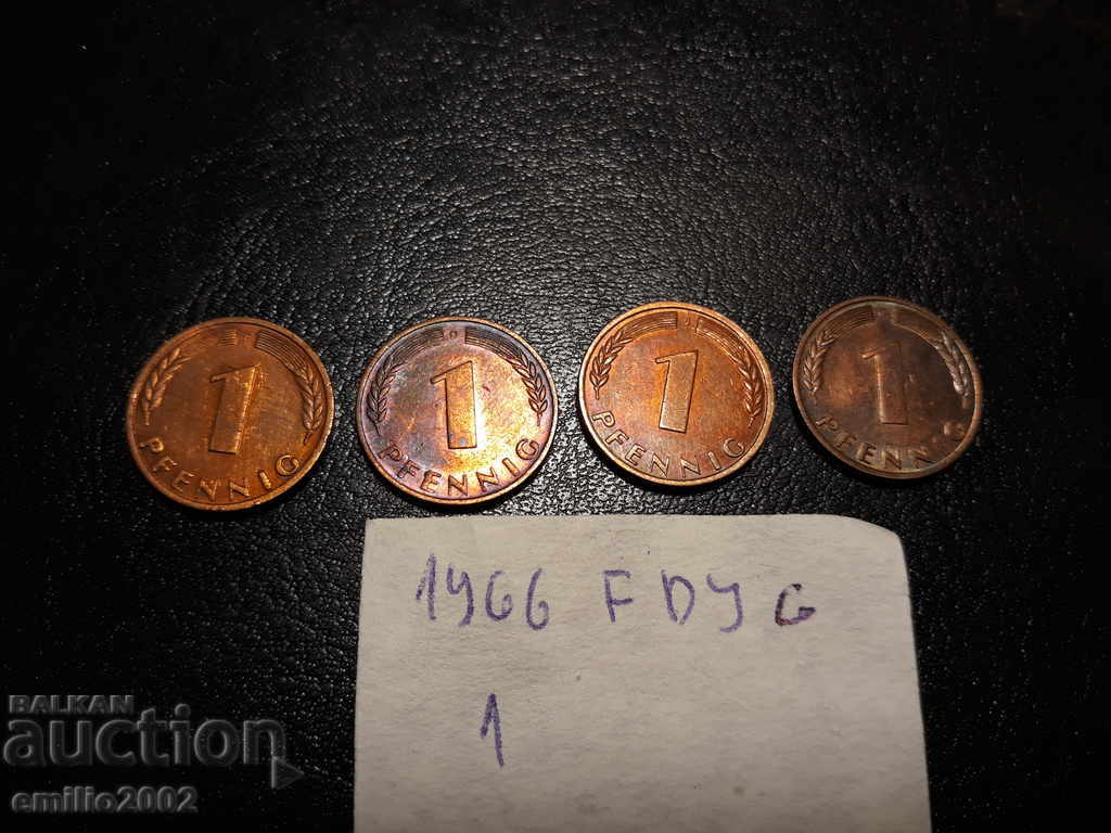 1 pfning lot 4pcs 1966 DFGJ BDR - GFR - Germany with price 1.99 BGN | € 1.02 1 pfning lot 4pcs 1966 DFGJ BDR - GFR - Germany with price 1.99 BGN | € 1.02