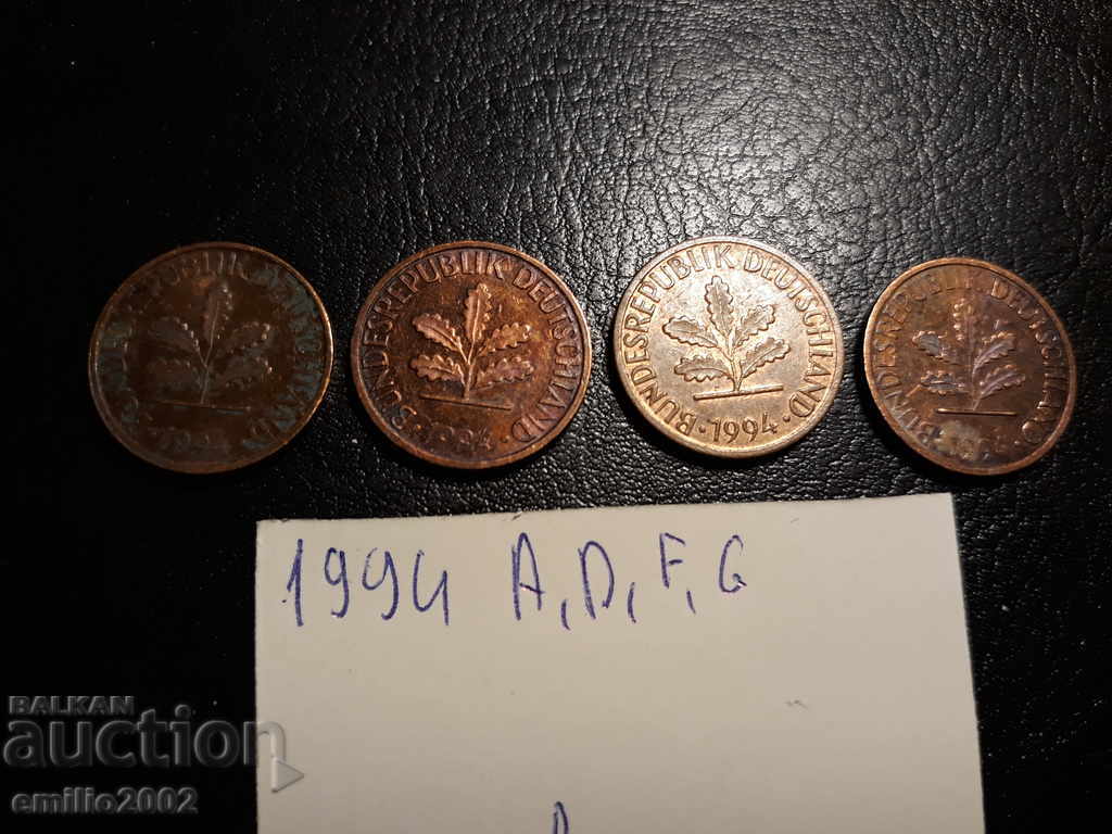 1 pfning lot 4pcs 1994 ADFG BDR - GFR - Germany with price 1.99 BGN | € 1.02 1 pfning lot 4pcs 1994 ADFG BDR - GFR - Germany with price 1.99 BGN | € 1.02