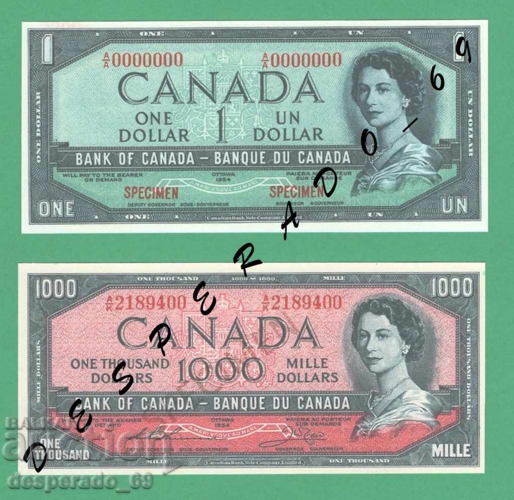 (¯` '• .¸ (reproducere) CANADA 1 + 1 000 $ 1954 UNC