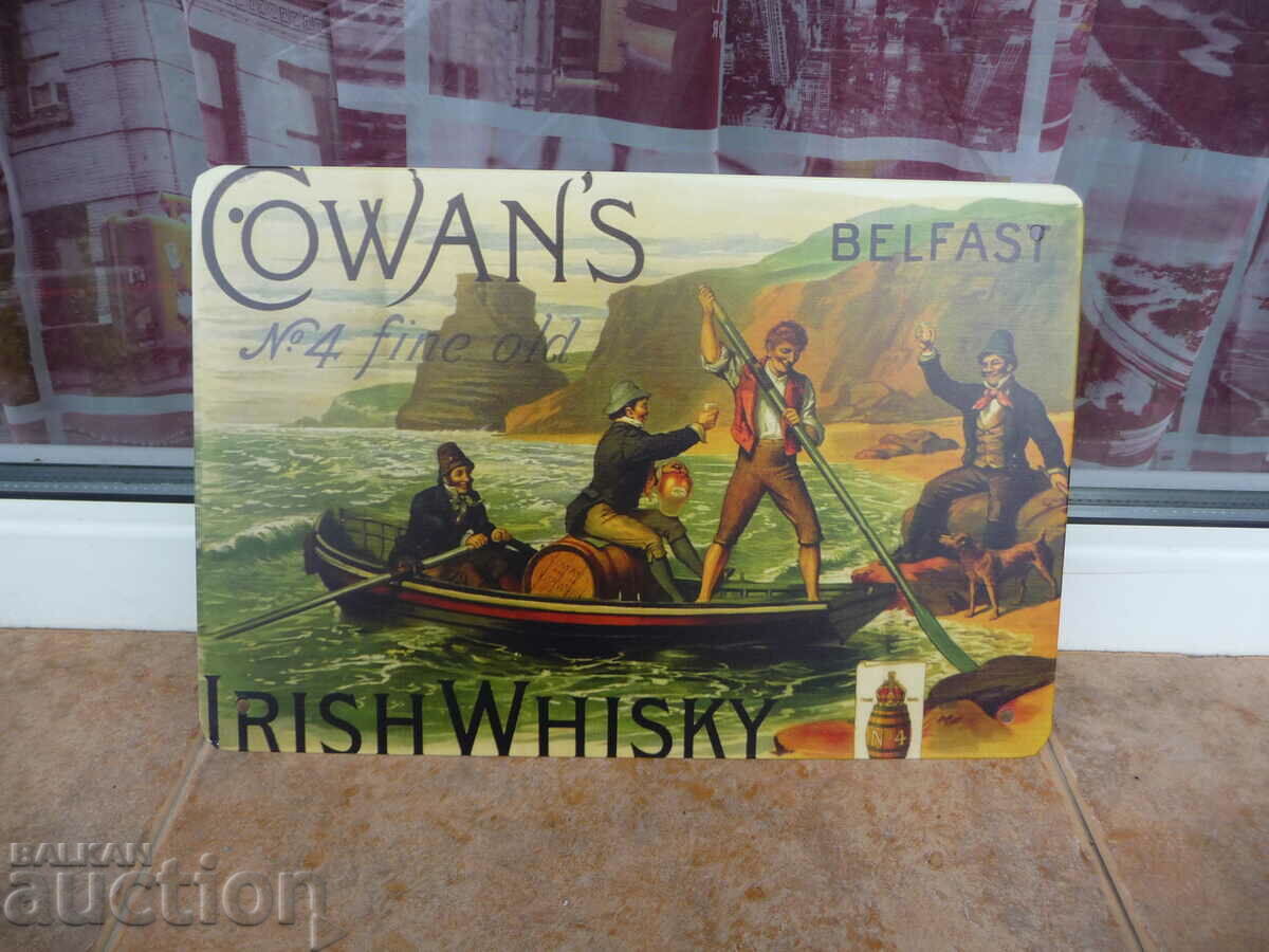 Semn de metal pentru whisky irlandez învechit de Cowan's Belfast cu preț 18.00 BGN | € 9.20 Semn de metal pentru whisky irlandez învechit de Cowan's Belfast cu preț 18.00 BGN | € 9.20