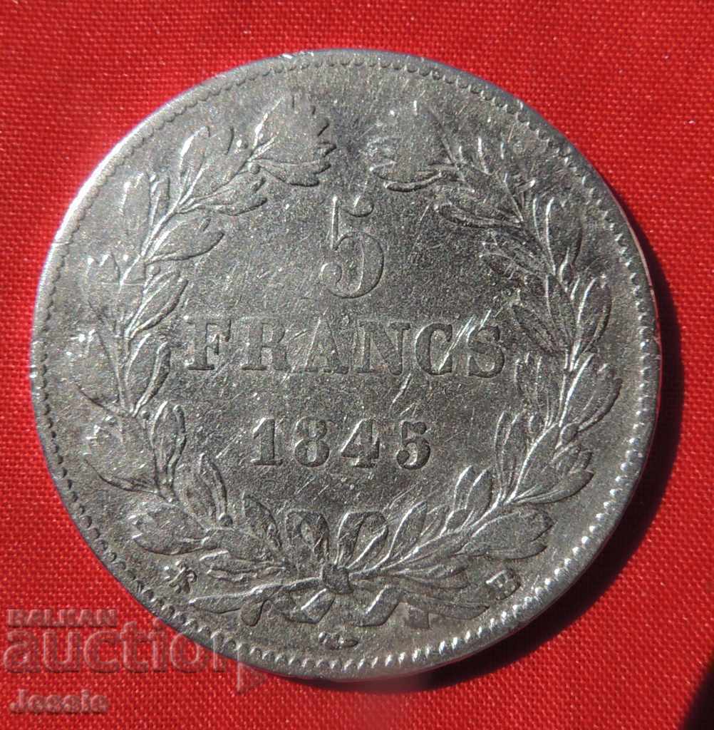 5 Франка 1845 BB Франция сребро - Страсбург