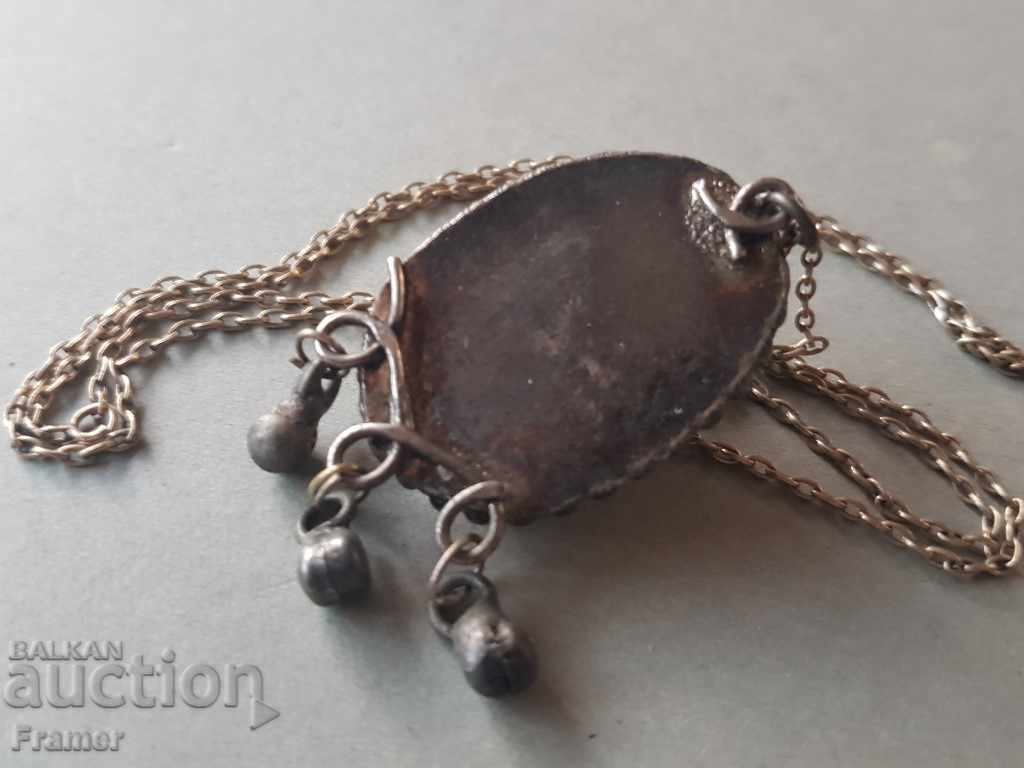 Old silver silver medallion with bone ornament - 5