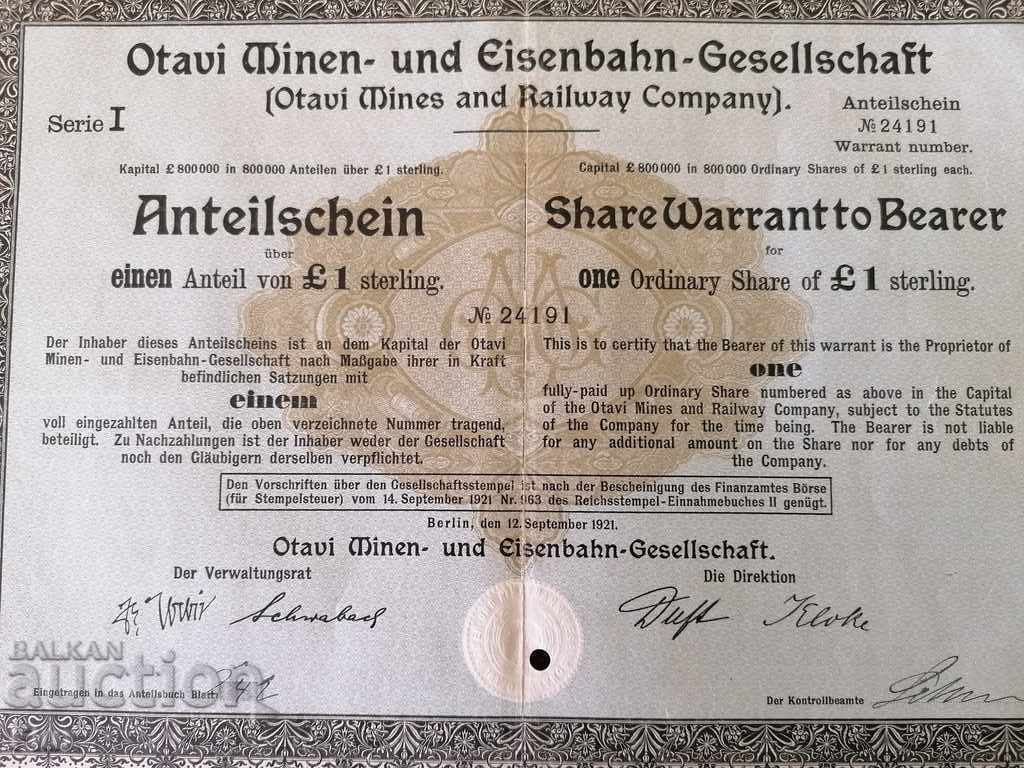 Action | Otavi Mines & Railway Company | 1921 with price 20.00 BGN | € 10.23 Action | Otavi Mines & Railway Company | 1921 with price 20.00 BGN | € 10.23