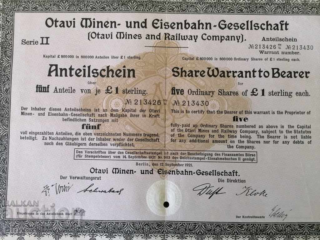 5 Shares | Otavi Mines & Railway Company | 1921 with price 20.00 BGN | € 10.23