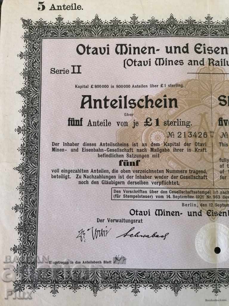 Auction  5 Shares | Otavi Mines & Railway Company | 1921