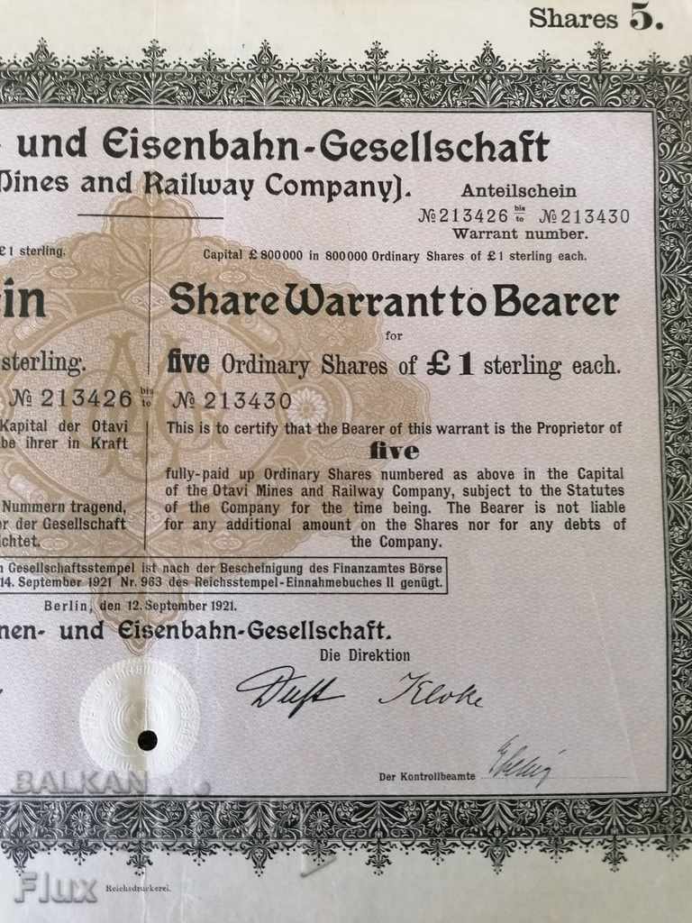 Delivery of 5 Shares | Otavi Mines & Railway Company | 1921