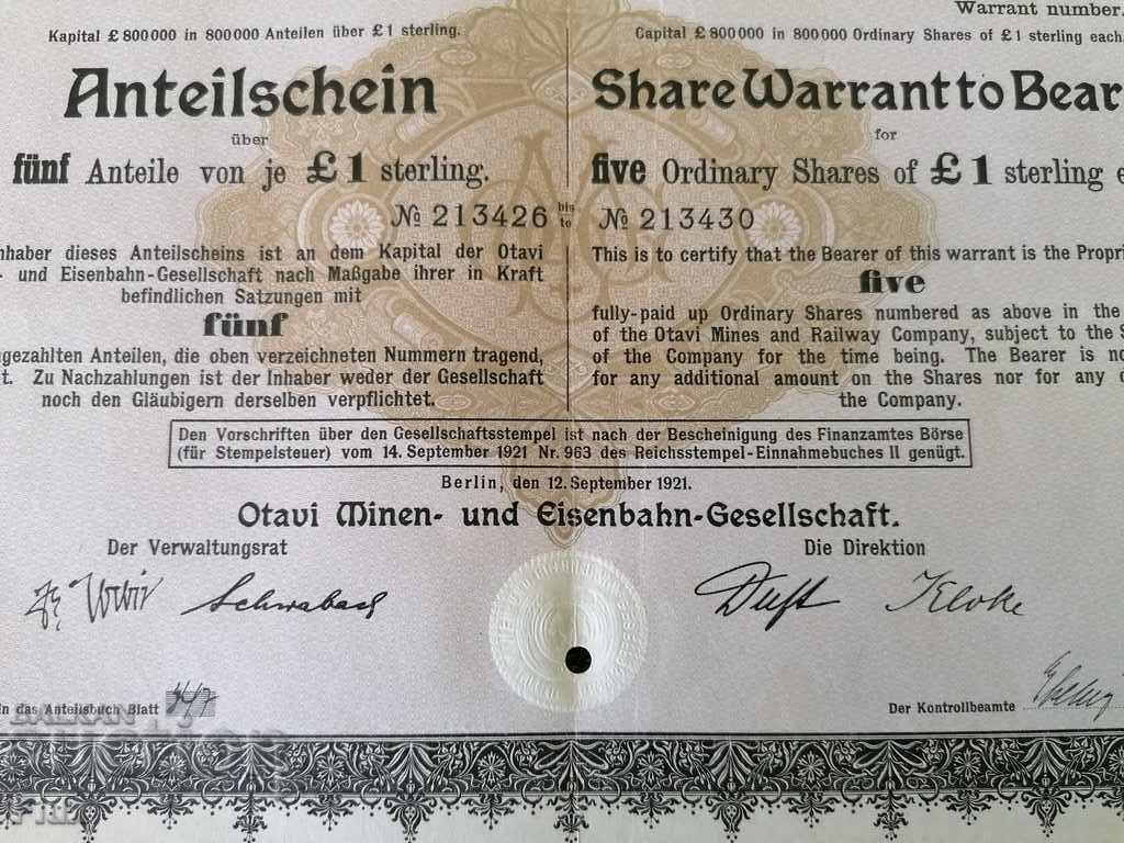 5 Shares | Otavi Mines & Railway Company | 1921 - 5