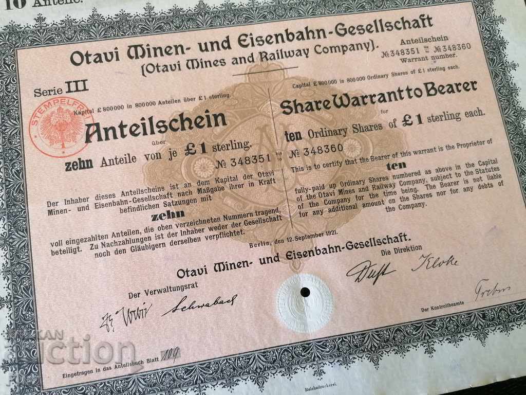 10 Shares | Otavi Mines & Railway Company | 1921 with price 20.00 BGN | € 10.23 10 Shares | Otavi Mines & Railway Company | 1921 with price 20.00 BGN | € 10.23