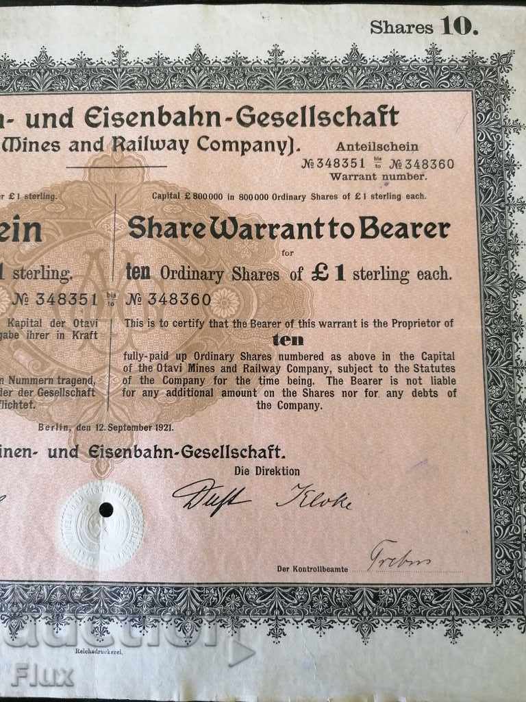 Delivery of 10 Shares | Otavi Mines & Railway Company | 1921 Delivery of 10 Shares | Otavi Mines & Railway Company | 1921