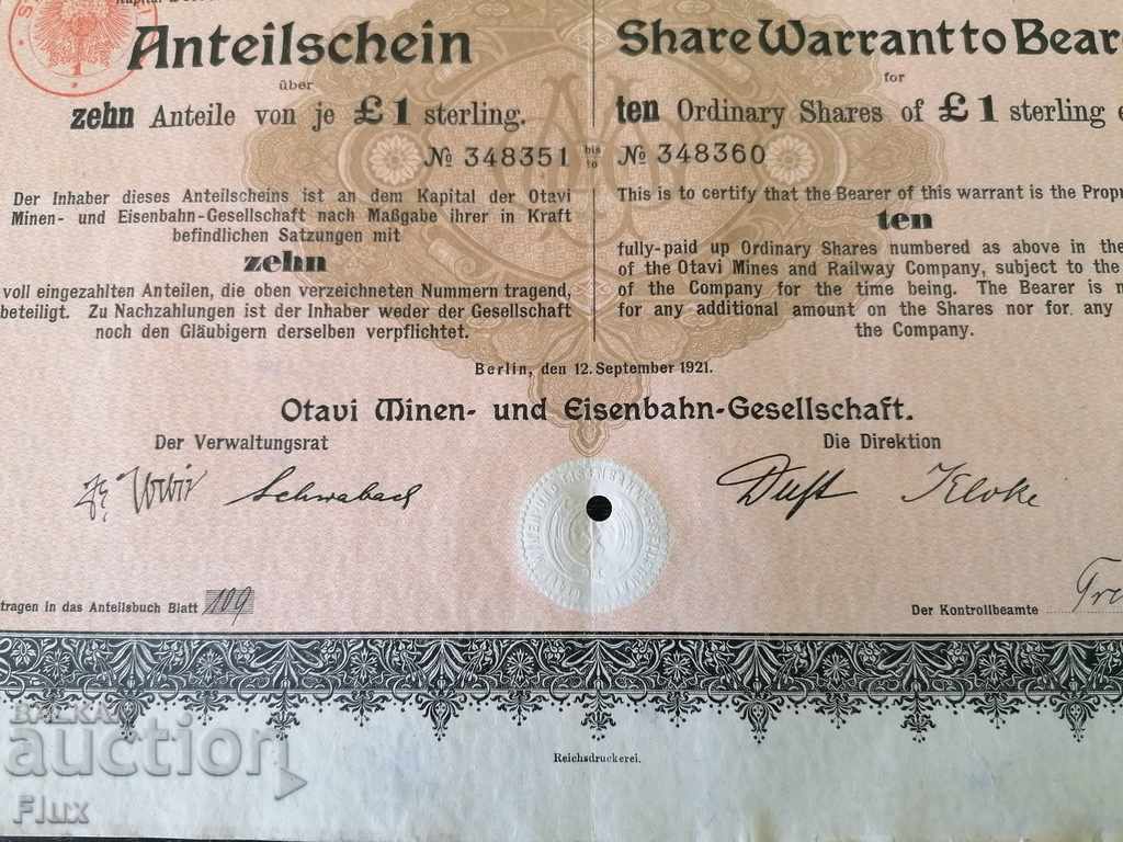 10 Shares | Otavi Mines & Railway Company | 1921 - 5 10 Shares | Otavi Mines & Railway Company | 1921 - 5