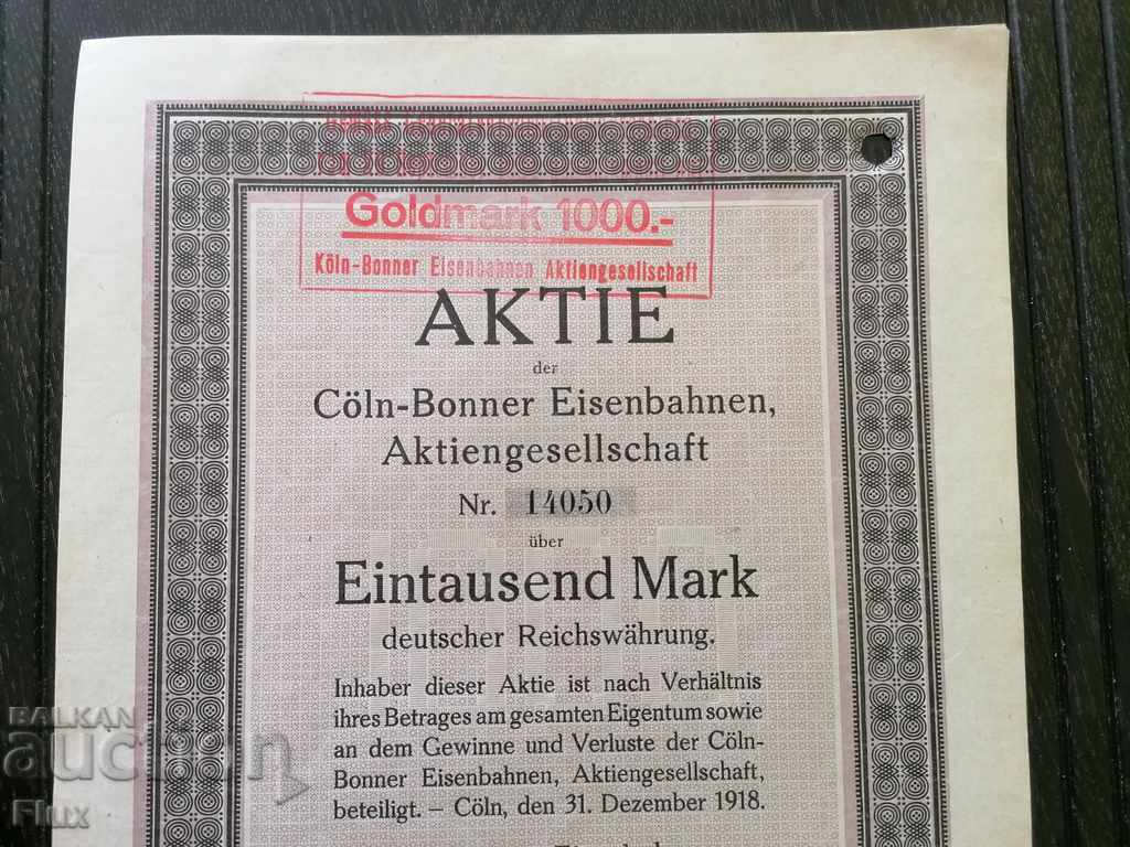 Obligation | 1000 zlotys marks | Cologne-Bonn Railways | 1918 with price 25.00 BGN | € 12.78 Obligation | 1000 zlotys marks | Cologne-Bonn Railways | 1918 with price 25.00 BGN | € 12.78