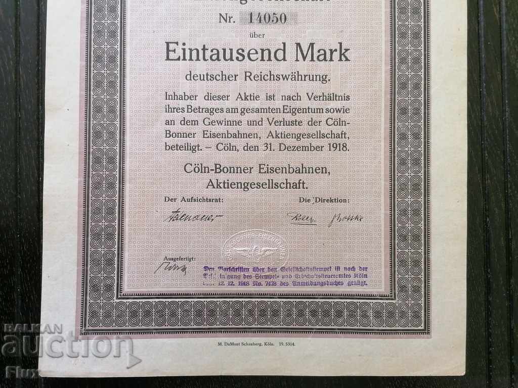 Auction Obligation | 1000 zlotys marks | Cologne-Bonn Railways | 1918 Auction Obligation | 1000 zlotys marks | Cologne-Bonn Railways | 1918