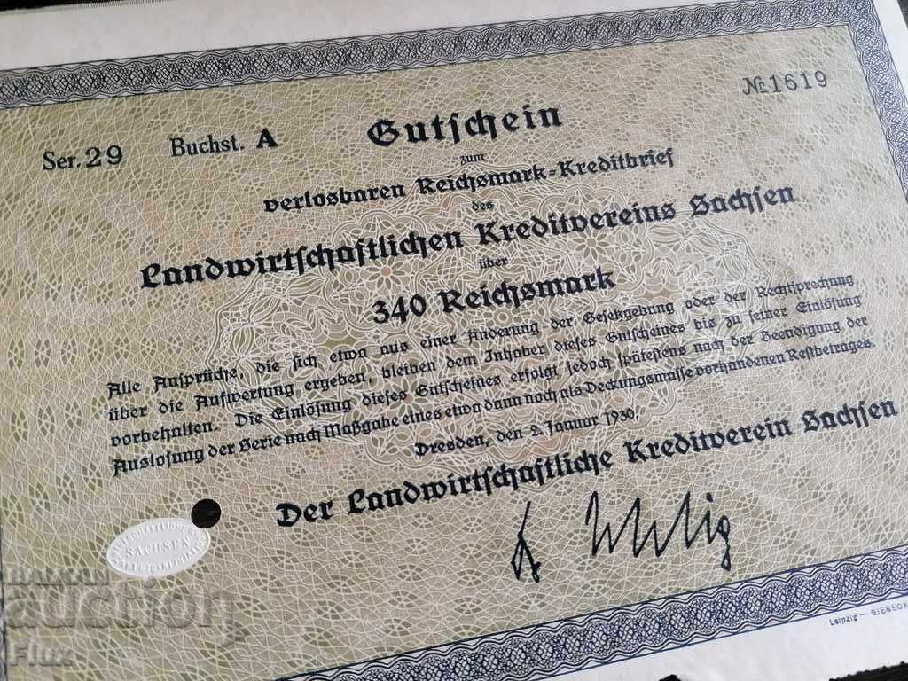 Райх облигация | 340 марки | Земеделска кр. асоц-я | 1930г.
