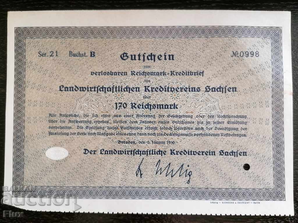 Reich Bond | 170 marks | Agricultural kr. Assoc 1930 with price 13.00 BGN | € 6.65 Reich Bond | 170 marks | Agricultural kr. Assoc 1930 with price 13.00 BGN | € 6.65
