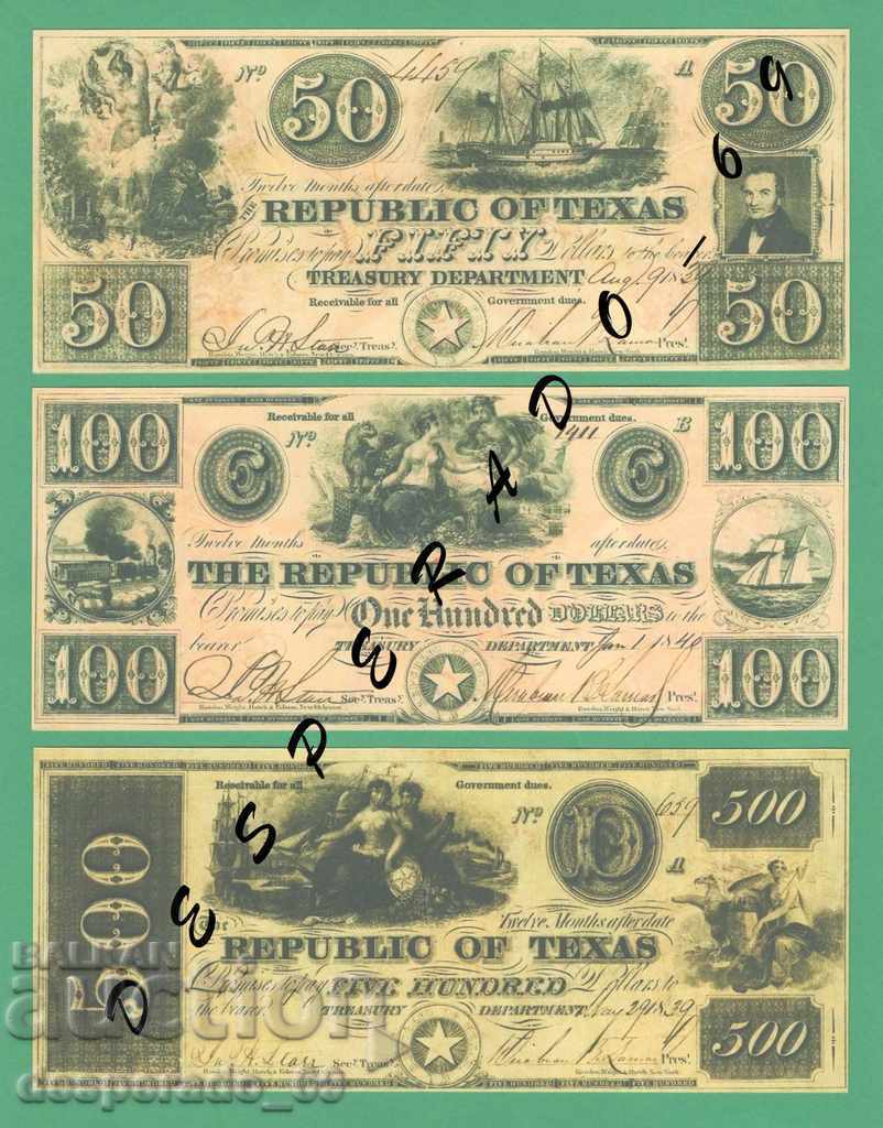 (¯`'•.¸(reproduction) USA (Texas) 1841 UNC -9 pcs. banknotes - 6 (¯`'•.¸(reproduction) USA (Texas) 1841 UNC -9 pcs. banknotes - 6