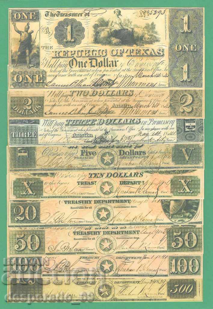 (¯`'•.¸(reproducere) SUA (Texas) 1841 UNC -9 buc. bancnote
