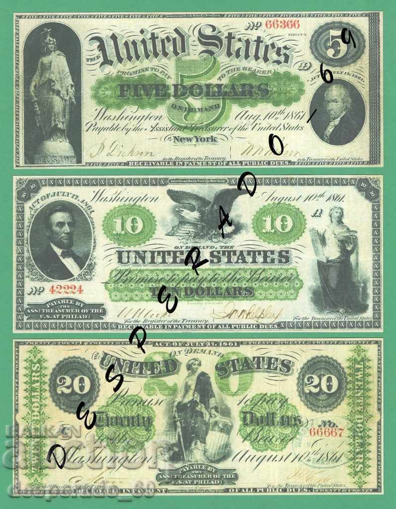(¯ '' • .¸ (Αναπαραγωγή) ΗΠΑ 1861 UNC -3 Τραπεζογραμμάτια •.