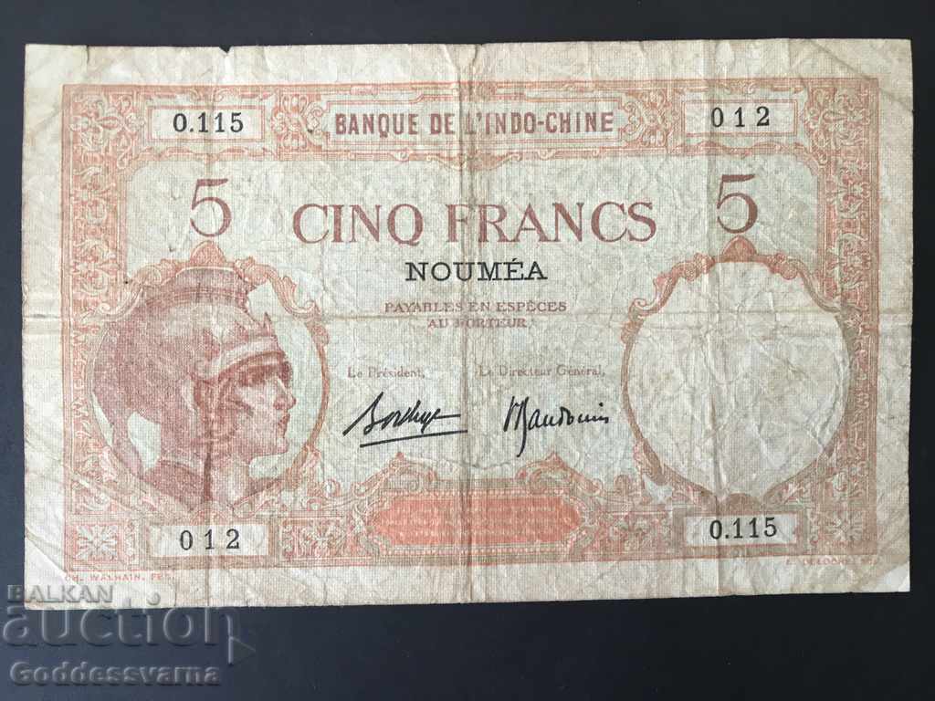 French Indo-China Noumea New Caledonia 5 Francs 1926