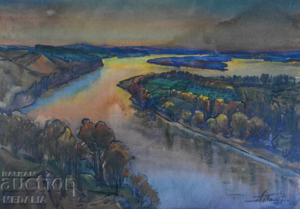Angel Tilov-Danube landscape-watercolor-signed-with identification with price 1500.00 BGN | € 766.94 Angel Tilov-Danube landscape-watercolor-signed-with identification with price 1500.00 BGN | € 766.94