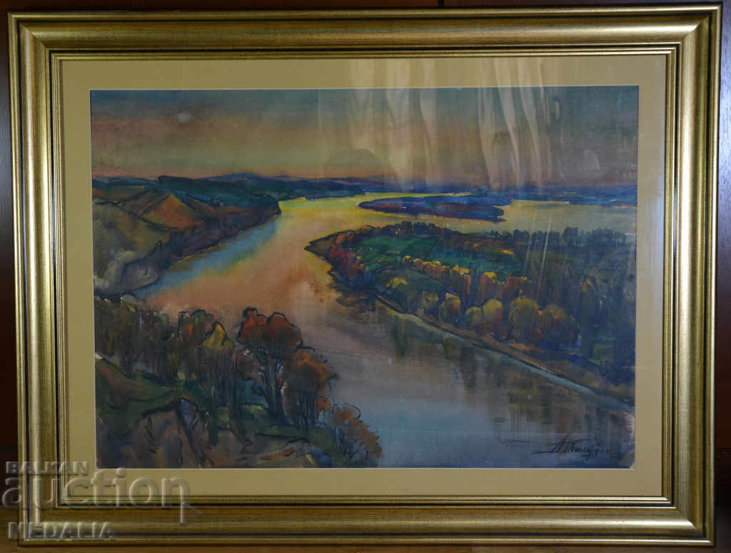 Angel Tilov-Danube landscape-watercolor-signed-with identification Angel Tilov-Danube landscape-watercolor-signed-with identification
