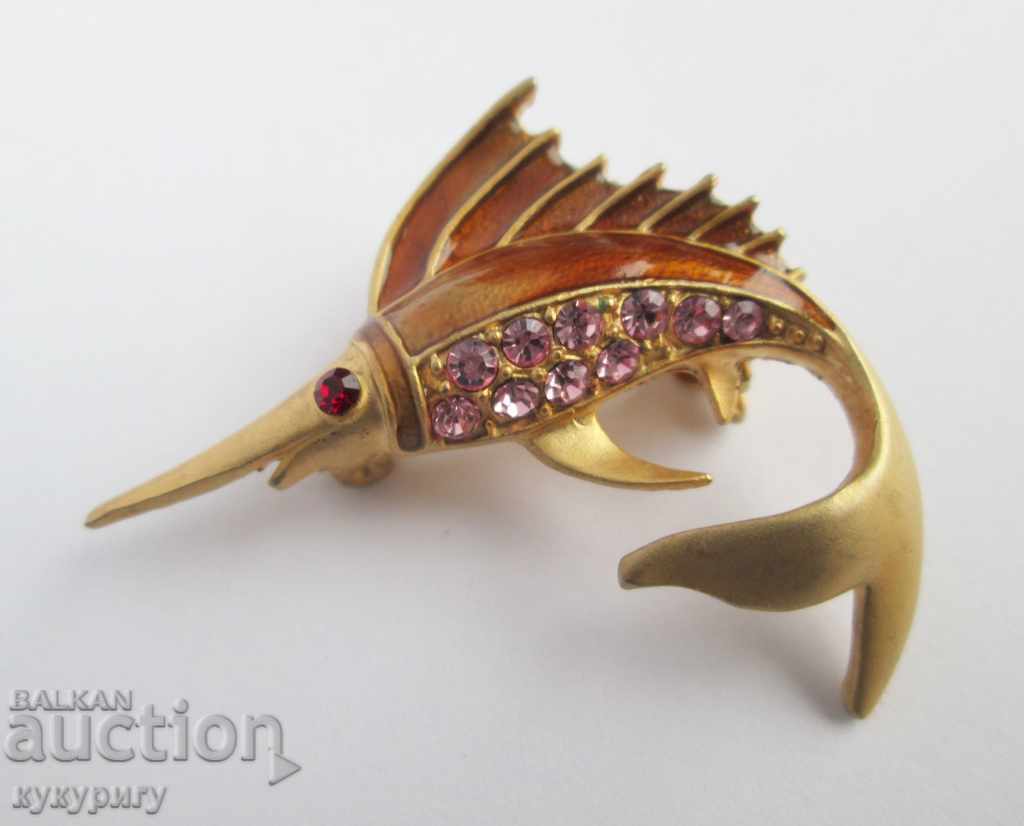 Broșă de pește vechi Marlin Pietre de smalț placate cu aur