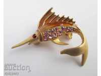 Old Marlin Fish Brooch Gold Plated Enamel Stones
