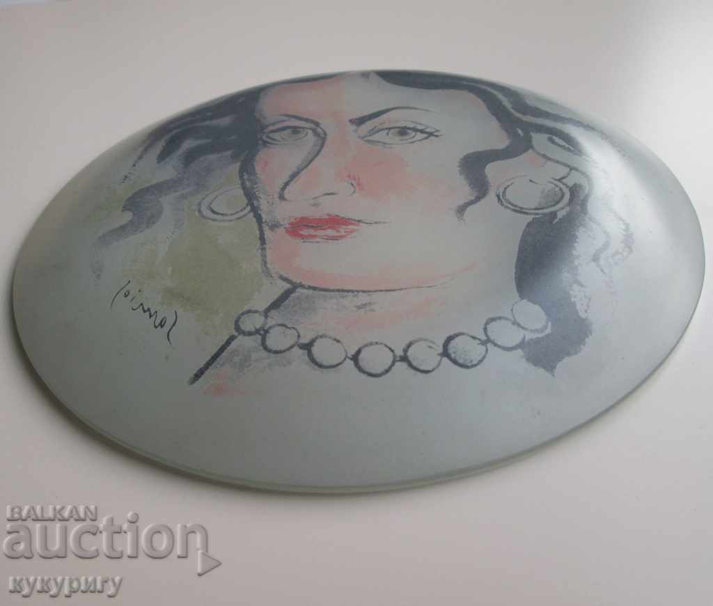 Painted glass art plate signed drawing - 5