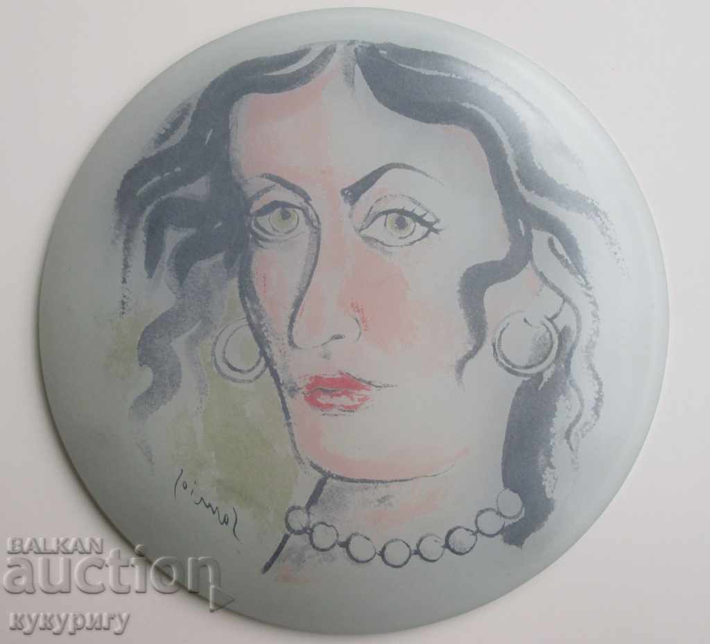 Painted glass art plate signed drawing - 6