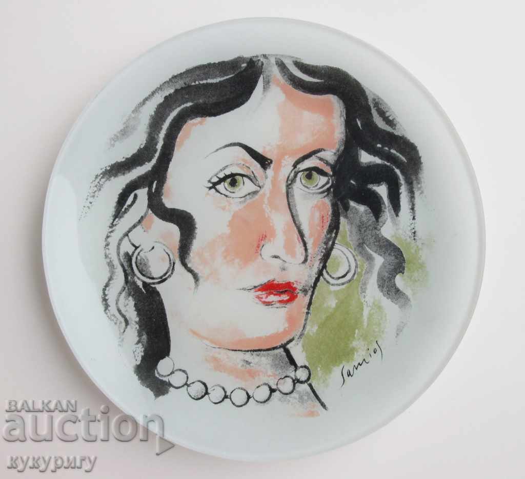 Painted glass art plate signed drawing